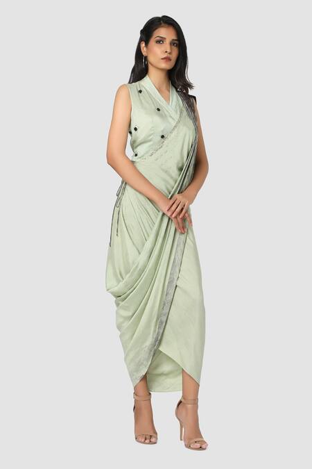 Babita Malkani Green Organic Cotton Silk Lining Lycra Draped Sarong Saree Online at Aza Fashions Babita Malkani_Green Organic Cotton Silk Lining Lycra Draped Sarong Saree _Online_at_Aza_Fashions