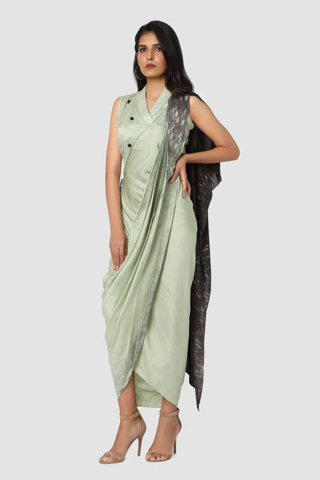 Buy Babita Malkani Green Organic Cotton Silk Lining Lycra Draped Sarong Saree Online at Aza Fashions Buy_Babita Malkani_Green Organic Cotton Silk Lining Lycra Draped Sarong Saree _Online_at_Aza_Fashions