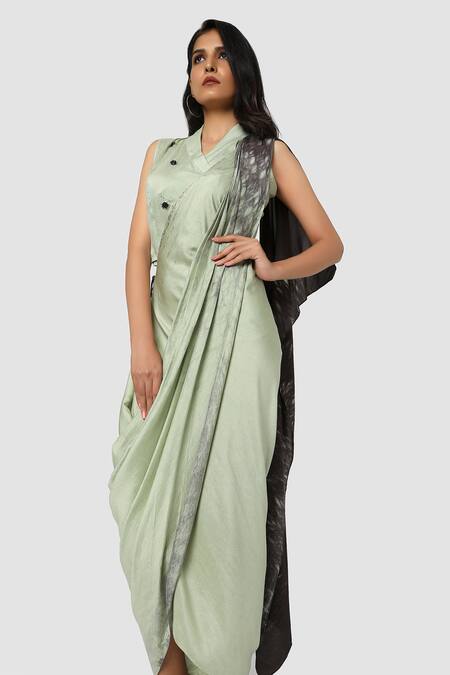 Shop Babita Malkani Green Organic Cotton Silk Lining Lycra Draped Sarong Saree Online at Aza Fashions Shop_Babita Malkani_Green Organic Cotton Silk Lining Lycra Draped Sarong Saree _Online_at_Aza_Fashions