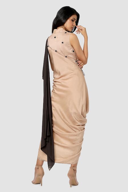 Shop_Babita Malkani_Beige Organic Cotton Silk Lining Lycra Draped Sarong Saree _at_Aza_Fashions