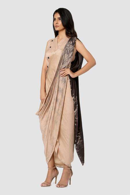Buy_Babita Malkani_Beige Organic Cotton Silk Lining Lycra Draped Sarong Saree _Online_at_Aza_Fashions