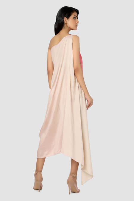 Shop Babita Malkani Pink Organic Cotton Silk Lining Lycra One Shoulder Draped Dress at Aza Fashions Shop_Babita Malkani_Pink Organic Cotton Silk Lining Lycra One Shoulder Draped Dress _at_Aza_Fashions