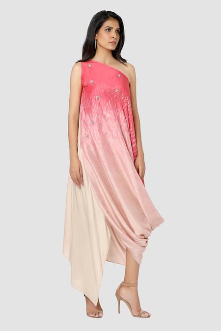 Babita Malkani Pink Organic Cotton Silk Lining Lycra One Shoulder Draped Dress Online at Aza Fashions Babita Malkani_Pink Organic Cotton Silk Lining Lycra One Shoulder Draped Dress _Online_at_Aza_Fashions