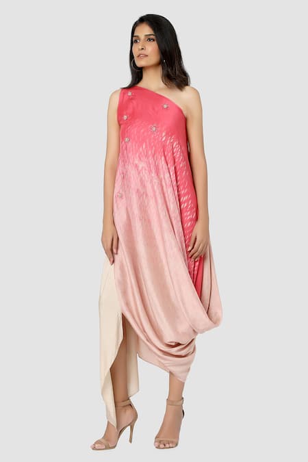 Buy Babita Malkani Pink Organic Cotton Silk Lining Lycra One Shoulder Draped Dress Online at Aza Fashions Buy_Babita Malkani_Pink Organic Cotton Silk Lining Lycra One Shoulder Draped Dress _Online_at_Aza_Fashions