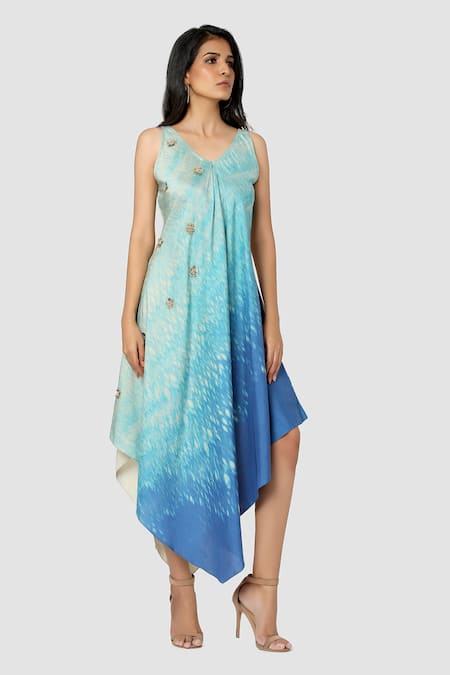 Babita Malkani_Blue Organic Cotton Silk Lining Lycra Tie Dye Asymmetric Dress_Online_at_Aza_Fashions