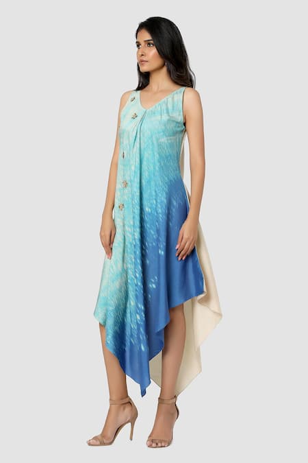 Buy_Babita Malkani_Blue Organic Cotton Silk Lining Lycra Tie Dye Asymmetric Dress_Online_at_Aza_Fashions