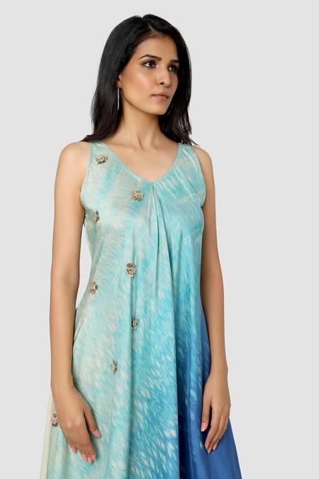 Shop_Babita Malkani_Blue Organic Cotton Silk Lining Lycra Tie Dye Asymmetric Dress_Online_at_Aza_Fashions