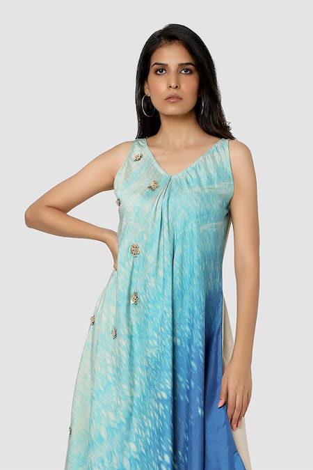 Babita Malkani_Blue Organic Cotton Silk Lining Lycra Tie Dye Asymmetric Dress_at_Aza_Fashions
