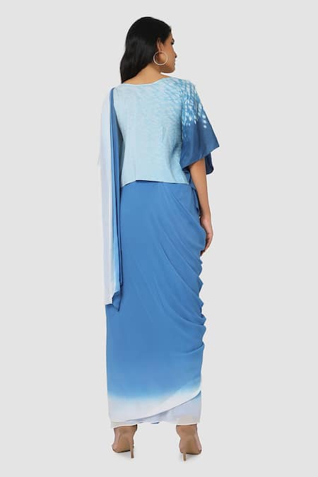 Shop Babita Malkani Blue Organic Cotton Silk Lining Lycra Draped Saree at Aza Fashions Shop_Babita Malkani_Blue Organic Cotton Silk Lining Lycra Draped Saree_at_Aza_Fashions