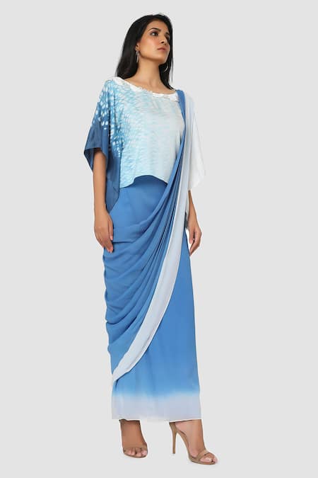 Babita Malkani Blue Organic Cotton Silk Lining Lycra Draped Saree Online at Aza Fashions Babita Malkani_Blue Organic Cotton Silk Lining Lycra Draped Saree_Online_at_Aza_Fashions