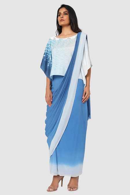 Buy Babita Malkani Blue Organic Cotton Silk Lining Lycra Draped Saree Online at Aza Fashions Buy_Babita Malkani_Blue Organic Cotton Silk Lining Lycra Draped Saree_Online_at_Aza_Fashions