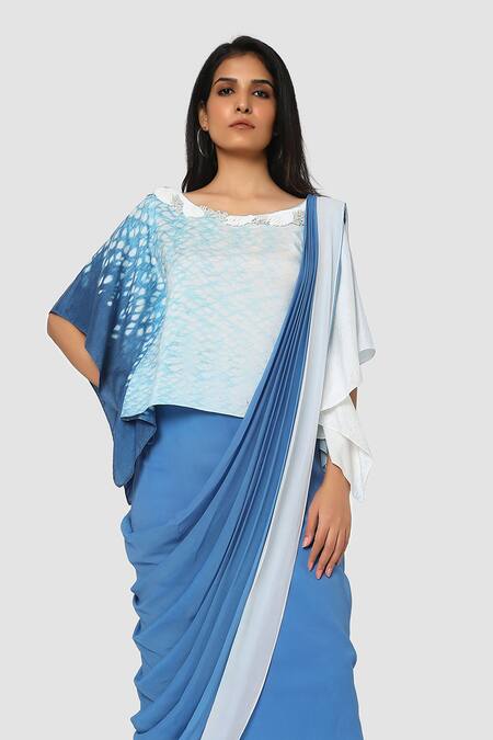 Shop Babita Malkani Blue Organic Cotton Silk Lining Lycra Draped Saree Online at Aza Fashions Shop_Babita Malkani_Blue Organic Cotton Silk Lining Lycra Draped Saree_Online_at_Aza_Fashions