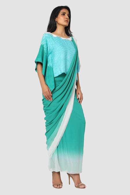 Babita Malkani_Blue Organic Cotton Silk Lining Lycra Draped Saree _Online_at_Aza_Fashions