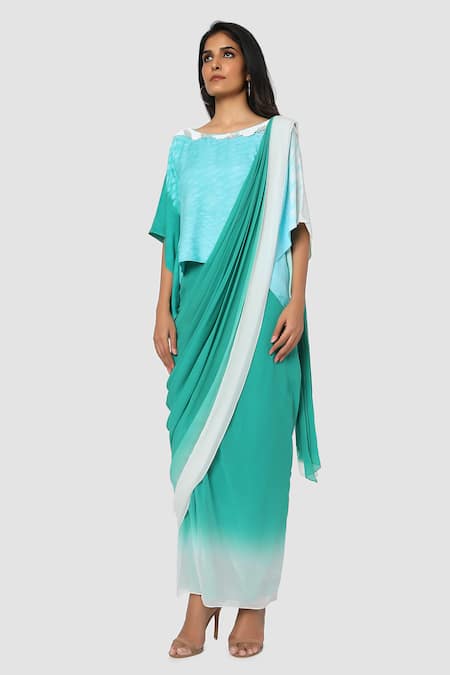 Buy_Babita Malkani_Blue Organic Cotton Silk Lining Lycra Draped Saree _Online_at_Aza_Fashions