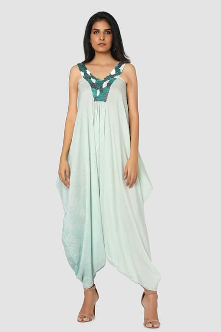 Babita Malkani Organic Cotton Silk Cowl Draped Tie Dye Jumpsuit 