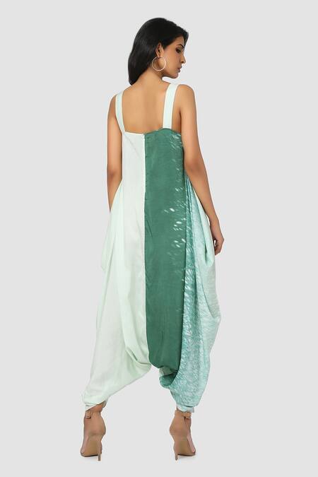 Shop Babita Malkani Blue Organic Cotton Silk Lining Lycra Cowl Draped Tie Dye Jumpsuit at Aza Fashions Shop_Babita Malkani_Blue Organic Cotton Silk Lining Lycra Cowl Draped Tie Dye Jumpsuit_at_Aza_Fashions