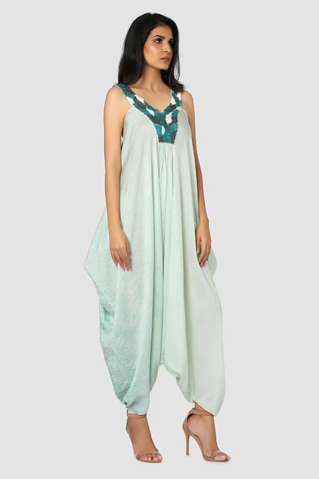 Babita Malkani Blue Organic Cotton Silk Lining Lycra Cowl Draped Tie Dye Jumpsuit Online at Aza Fashions Babita Malkani_Blue Organic Cotton Silk Lining Lycra Cowl Draped Tie Dye Jumpsuit_Online_at_Aza_Fashions