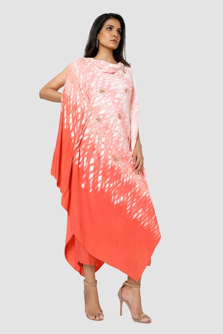 Babita Malkani Peach Organic Cotton Silk Lining Lycra Tie Dye Draped Tunic And Pant Set Online at Aza Fashions Babita Malkani_Peach Organic Cotton Silk Lining Lycra Tie Dye Draped Tunic And Pant Set_Online_at_Aza_Fashions