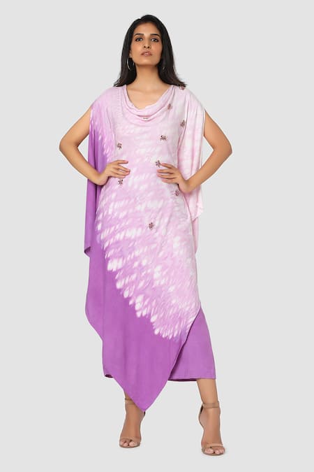 Babita Malkani Purple Organic Cotton Silk Lining Lycra Tie Dye Draped Tunic And Pant Set 