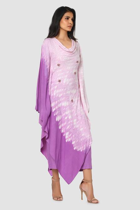 Babita Malkani_Purple Organic Cotton Silk Lining Lycra Tie Dye Draped Tunic And Pant Set_Online_at_Aza_Fashions