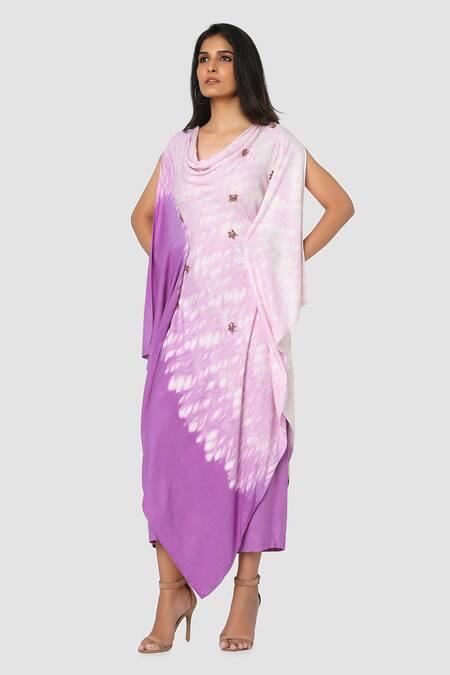 Buy_Babita Malkani_Purple Organic Cotton Silk Lining Lycra Tie Dye Draped Tunic And Pant Set_Online_at_Aza_Fashions