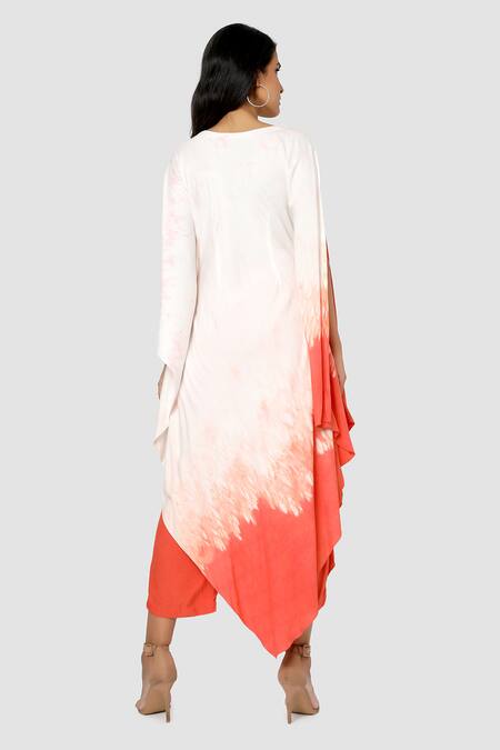 Shop Babita Malkani Peach Organic Cotton Silk Lining Lycra Tie Dye Draped Tunic And Pant Set at Aza Fashions Shop_Babita Malkani_Peach Organic Cotton Silk Lining Lycra Tie Dye Draped Tunic And Pant Set_at_Aza_Fashions