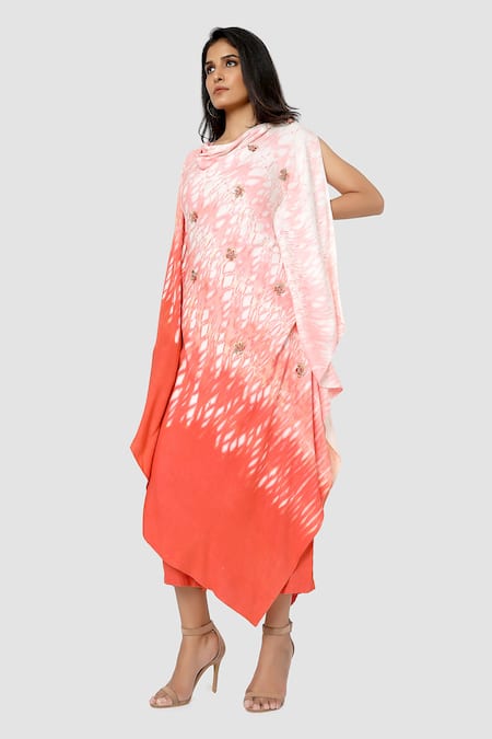 Buy Babita Malkani Peach Organic Cotton Silk Lining Lycra Tie Dye Draped Tunic And Pant Set Online at Aza Fashions Buy_Babita Malkani_Peach Organic Cotton Silk Lining Lycra Tie Dye Draped Tunic And Pant Set_Online_at_Aza_Fashions