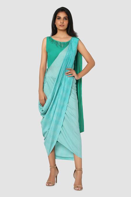 Babita Malkani Blue Organic Cotton Silk Lining Lycra Draped Sarong Saree Online at Aza Fashions Babita Malkani_Blue Organic Cotton Silk Lining Lycra Draped Sarong Saree _Online_at_Aza_Fashions