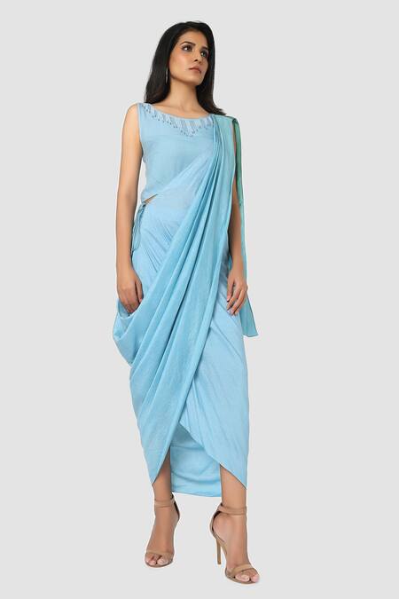 Babita Malkani Blue Organic Cotton Silk Lining Lycra Draped Sarong Saree Online at Aza Fashions Babita Malkani_Blue Organic Cotton Silk Lining Lycra Draped Sarong Saree _Online_at_Aza_Fashions