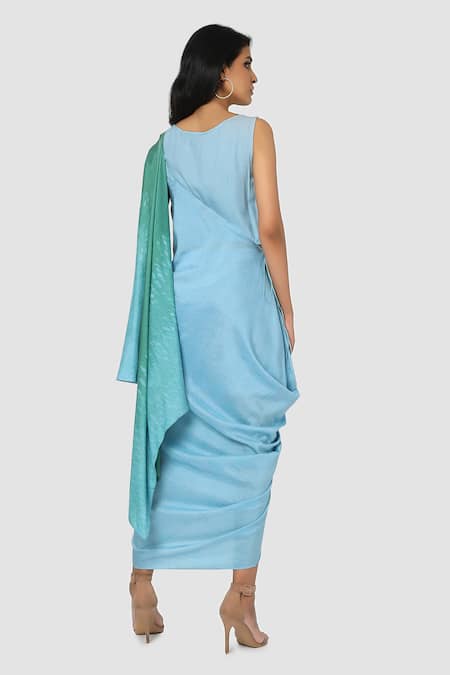 Shop Babita Malkani Blue Organic Cotton Silk Lining Lycra Draped Sarong Saree at Aza Fashions Shop_Babita Malkani_Blue Organic Cotton Silk Lining Lycra Draped Sarong Saree _at_Aza_Fashions