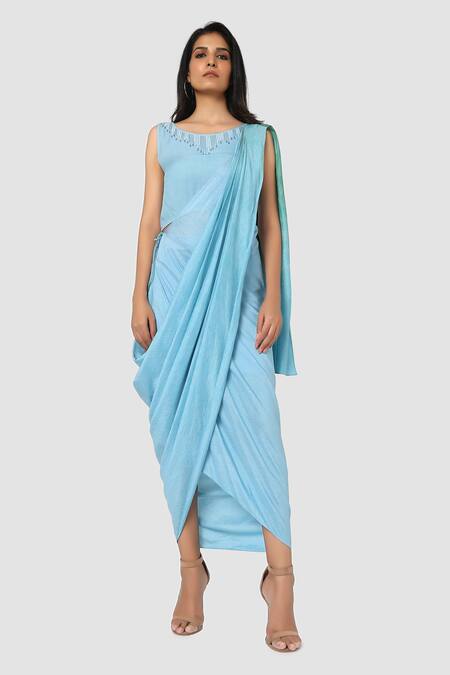 Buy Babita Malkani Blue Organic Cotton Silk Lining Lycra Draped Sarong Saree Online at Aza Fashions Buy_Babita Malkani_Blue Organic Cotton Silk Lining Lycra Draped Sarong Saree _Online_at_Aza_Fashions