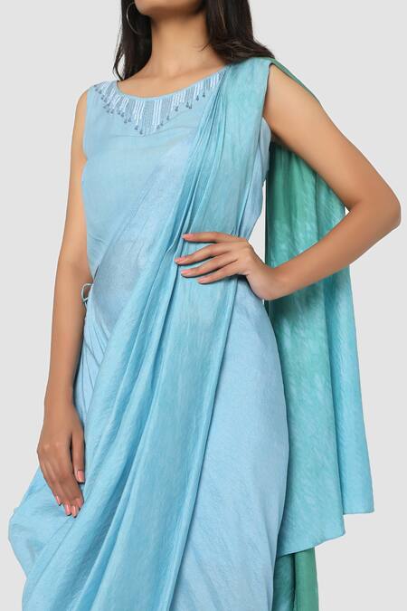 Shop Babita Malkani Blue Organic Cotton Silk Lining Lycra Draped Sarong Saree Online at Aza Fashions Shop_Babita Malkani_Blue Organic Cotton Silk Lining Lycra Draped Sarong Saree _Online_at_Aza_Fashions