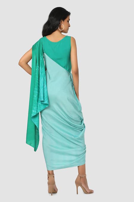 Shop Babita Malkani Blue Organic Cotton Silk Lining Lycra Draped Sarong Saree at Aza Fashions Shop_Babita Malkani_Blue Organic Cotton Silk Lining Lycra Draped Sarong Saree _at_Aza_Fashions