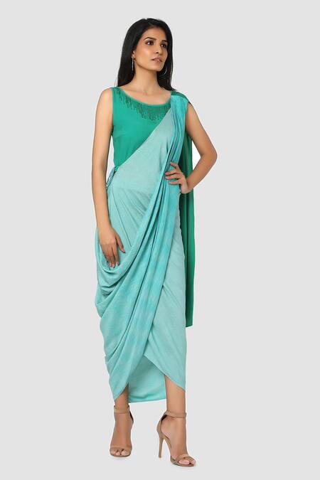 Buy Babita Malkani Blue Organic Cotton Silk Lining Lycra Draped Sarong Saree Online at Aza Fashions Buy_Babita Malkani_Blue Organic Cotton Silk Lining Lycra Draped Sarong Saree _Online_at_Aza_Fashions