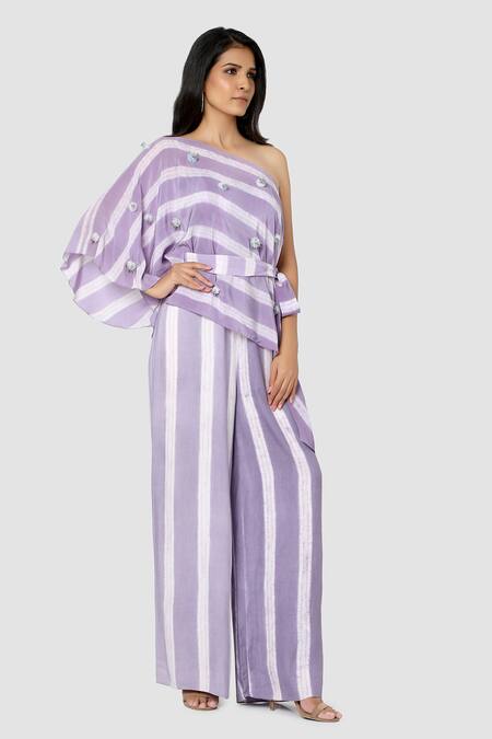 Babita Malkani_Purple Organic Cotton Silk Lining Lycra One Shoulder Jumpsuit With Cape _Online_at_Aza_Fashions