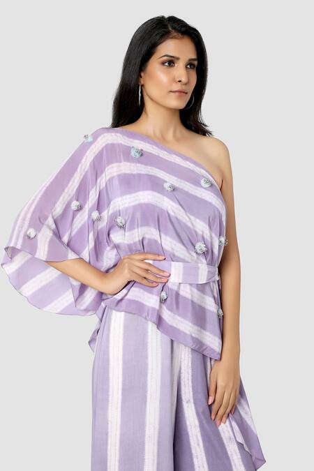 Shop_Babita Malkani_Purple Organic Cotton Silk Lining Lycra One Shoulder Jumpsuit With Cape _Online_at_Aza_Fashions