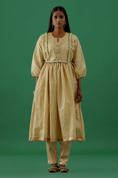 Buy 5elements Gold 100% Silk Embellishment Brooch Round Checkered Pattern Anarkali And Pant Set Online at Aza Fashions Buy_5elements_Gold 100% Silk Embellishment Brooch Round Checkered Pattern Anarkali And Pant Set _Online_at_Aza_Fashions