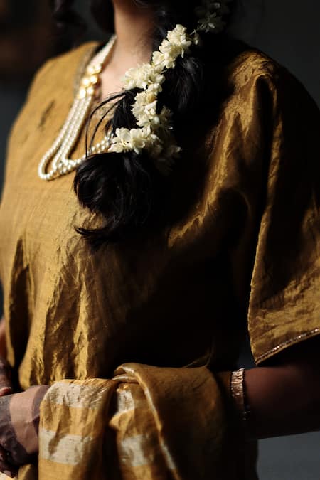 Shop_Shorshe Clothing_Gold Handloom Tissue, Lining Shantoon Plain Round Neck Blouse _Online_at_Aza_Fashions