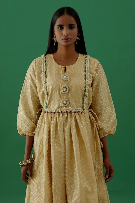 Shop 5elements Gold 100% Silk Embellishment Brooch Round Checkered Pattern Anarkali And Pant Set Online at Aza Fashions Shop_5elements_Gold 100% Silk Embellishment Brooch Round Checkered Pattern Anarkali And Pant Set _Online_at_Aza_Fashions