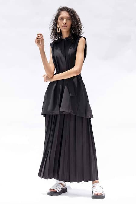Buy_Corpora Studio_Black Silk Crepe Round Pleated Shirt And Skirt Set _Online_at_Aza_Fashions