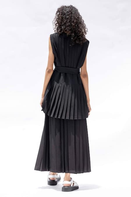 Shop_Corpora Studio_Black Silk Crepe Round Pleated Shirt And Skirt Set _at_Aza_Fashions