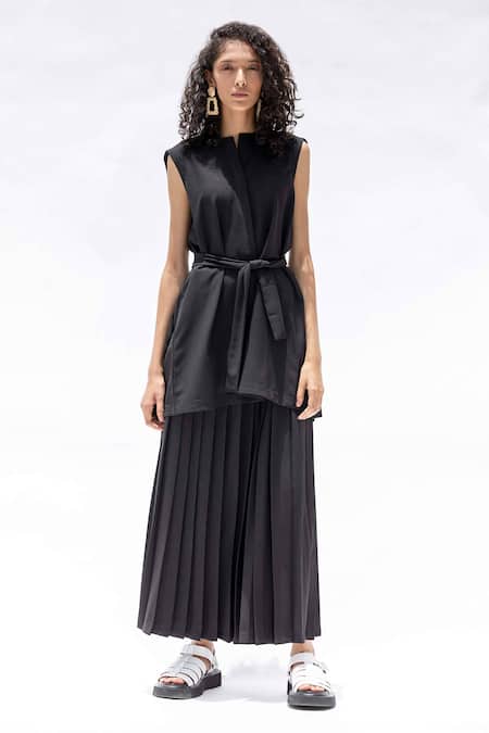 Corpora Studio_Black Silk Crepe Round Pleated Shirt And Skirt Set _Online_at_Aza_Fashions