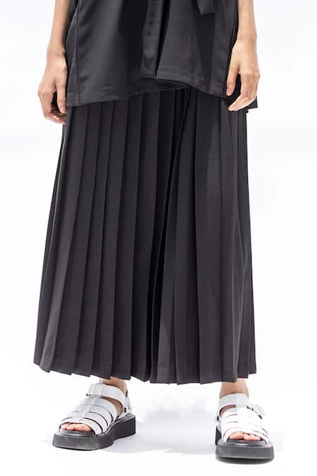 Shop_Corpora Studio_Black Silk Crepe Round Pleated Shirt And Skirt Set _Online_at_Aza_Fashions