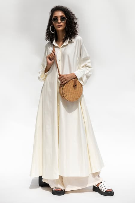 Shop_Corpora Studio_White Cotton Satin Shirt Collar Dress _at_Aza_Fashions