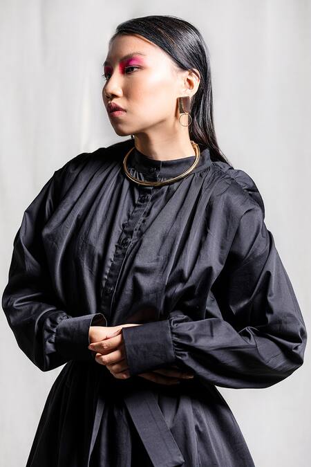 Corpora Studio_Black Cotton Mandarin Collar Pleated Dress _Online_at_Aza_Fashions