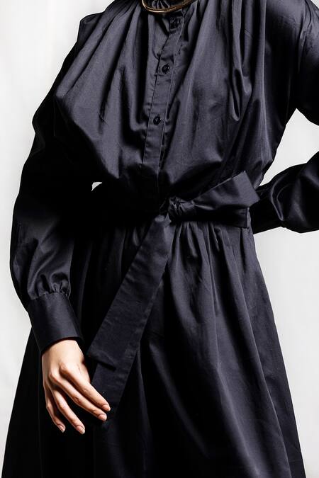 Buy_Corpora Studio_Black Cotton Mandarin Collar Pleated Dress _Online_at_Aza_Fashions