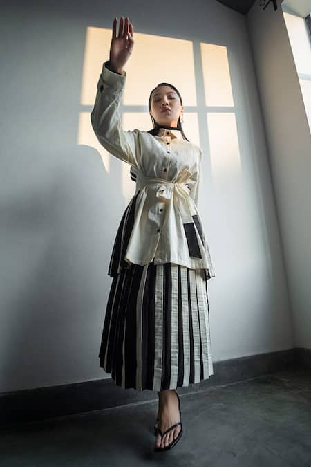 Shop_Corpora Studio_White Organic Cotton Shirt Collar Pleated Skirt Set _at_Aza_Fashions