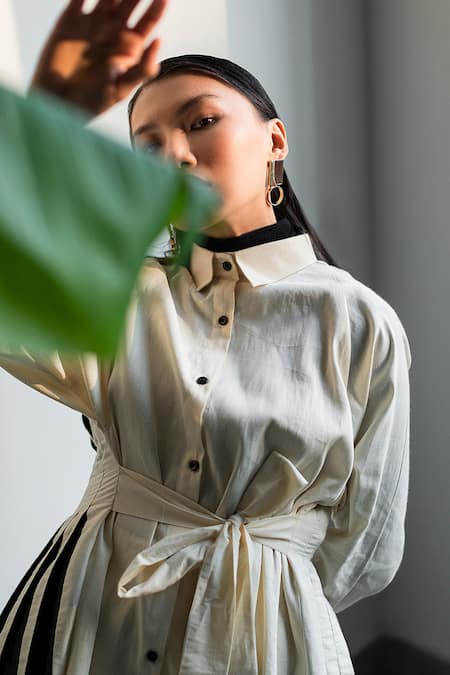 Corpora Studio_White Organic Cotton Shirt Collar Pleated Skirt Set _Online_at_Aza_Fashions