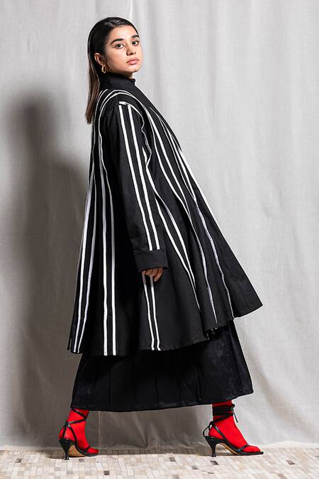 Corpora Studio_Black Cotton Shawl Lapel Striped Jacket _Online_at_Aza_Fashions