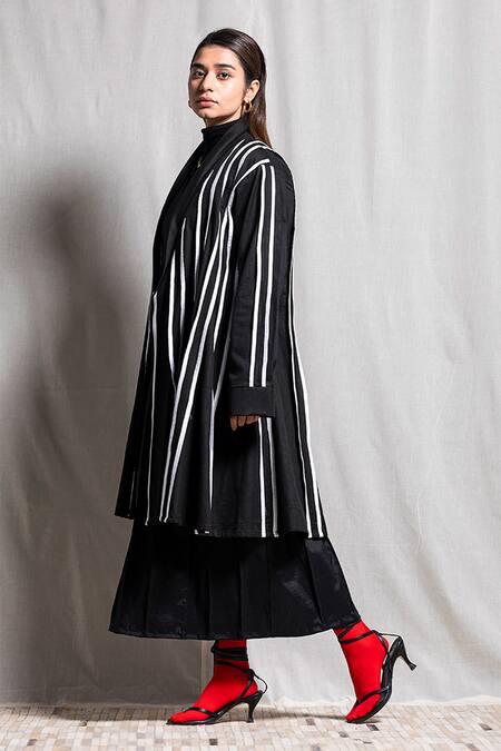 Buy_Corpora Studio_Black Cotton Shawl Lapel Striped Jacket _Online_at_Aza_Fashions